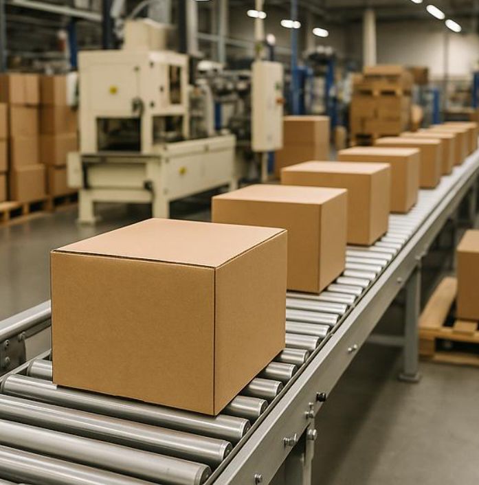 Corrugated cartons moving along a roller conveyor