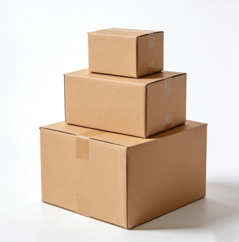 Three plain corrugated cartons of different sizes stacked