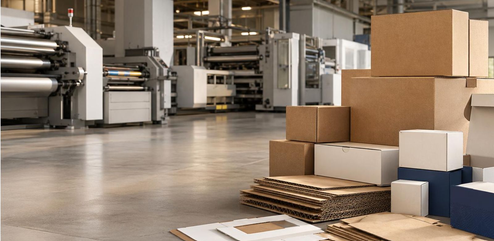 Corrugated cartons, white duplex boxes and navy printed boxes arranged in a packaging facility