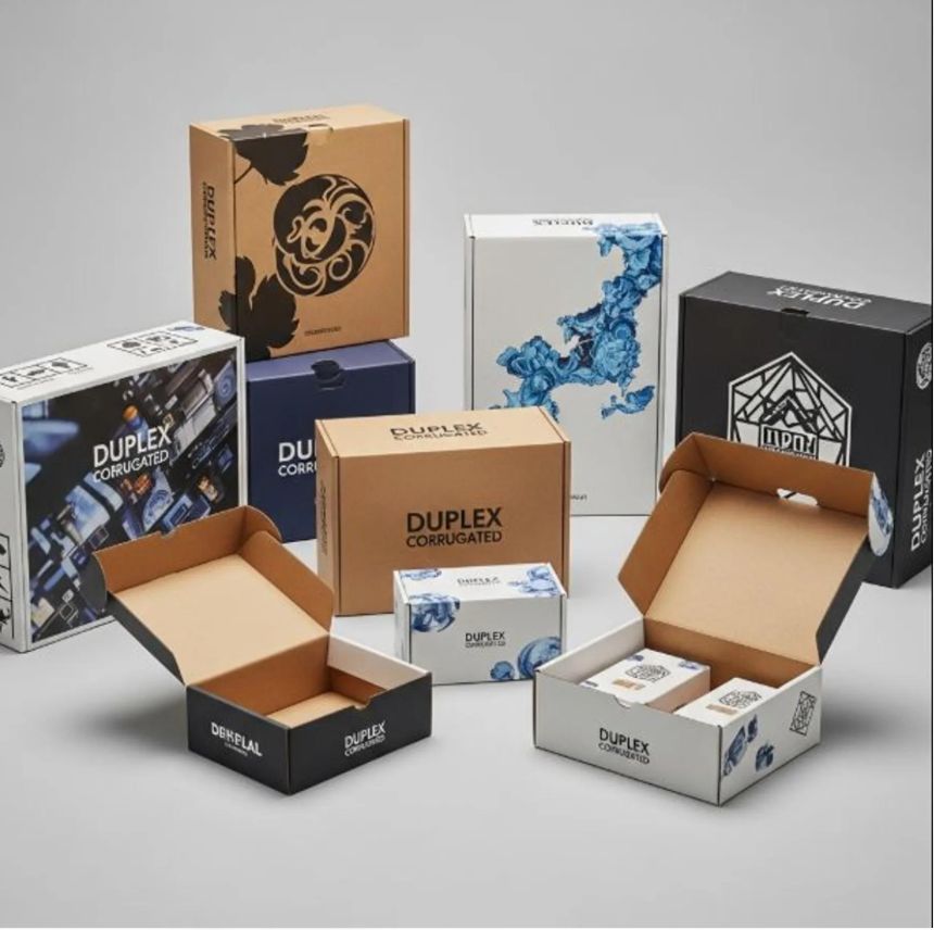 A range of printed corrugated and duplex boxes with different artwork